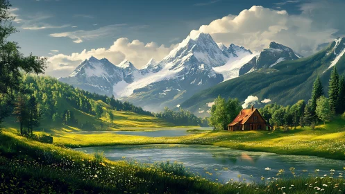 Idyllic alpine cabin by reflective lake under snow peaks.