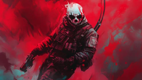 Crimson mist swallows a skull-masked soldier caught mid-stride