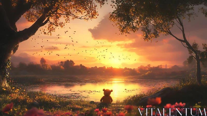 Digital sunset lake with teddy bear silhouette and trees.