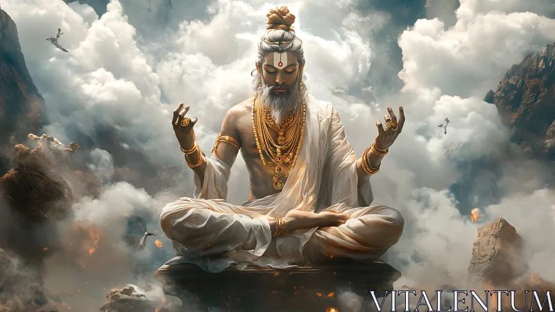 Serene mountain sage in golden meditation above soft clouds.