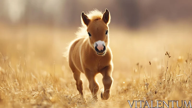 Photorealistic foal portrait in sunlit prairie depth of field.