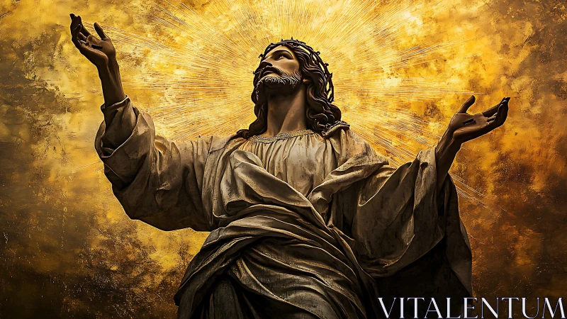 Radiant sacred statue bathed in golden, hopeful light.