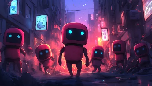 Neon alley robots march through a glowing cyberpunk dusk.