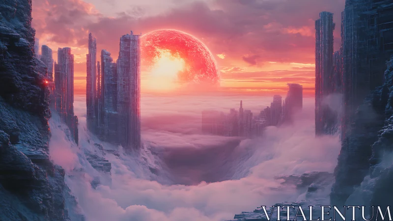 Glowing red planet over fog-filled alien canyon with monolithic towers