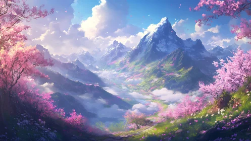 Snowy mountain valley framed by vivid pink blossom trees.