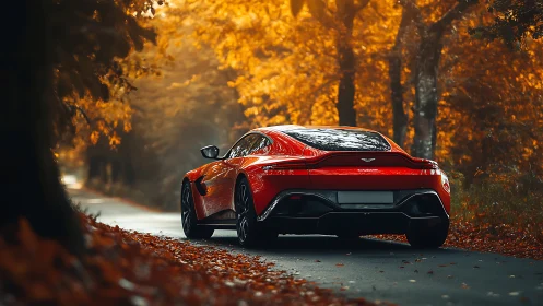 Red performance coupe on forest road in golden autumn light.