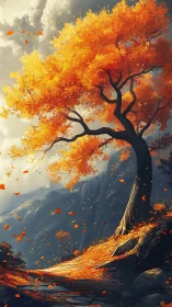 Solitary orange tree bends over rocky mountain path