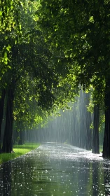 Tree-lined park path under steady daylight rainfall.