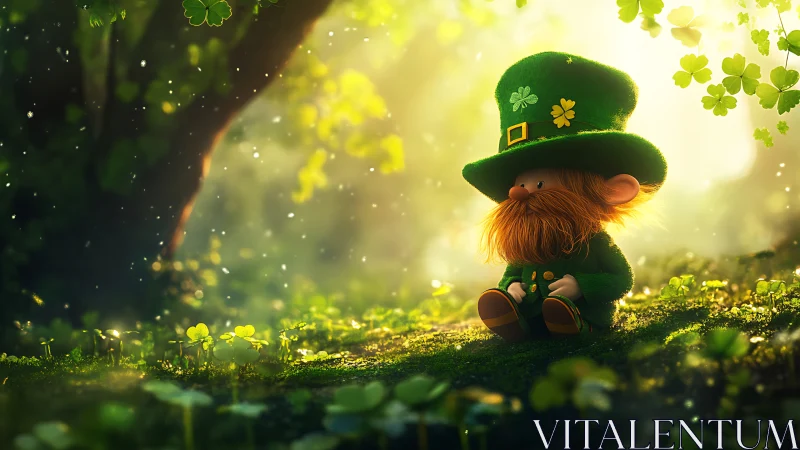 Whimsical leprechaun resting in glowing clover forest scene.