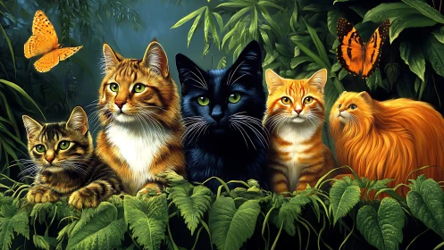 Five Felines in Verdant Jungle Habitat with Lepidoptera.