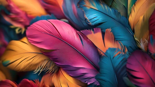 Vibrant digital feathers in layered abstract composition.