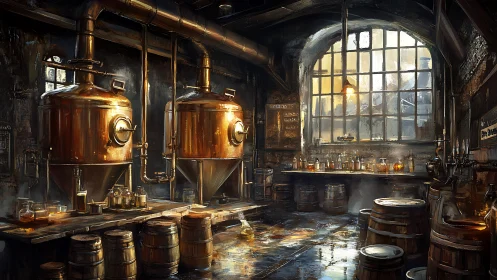 Industrial brewery interior with copper stills, barrels, and steam.