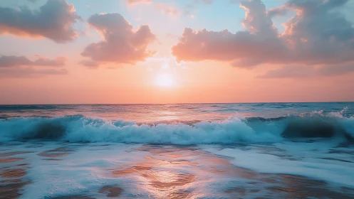 High-saturation ocean surf under pastel orange sunset sky