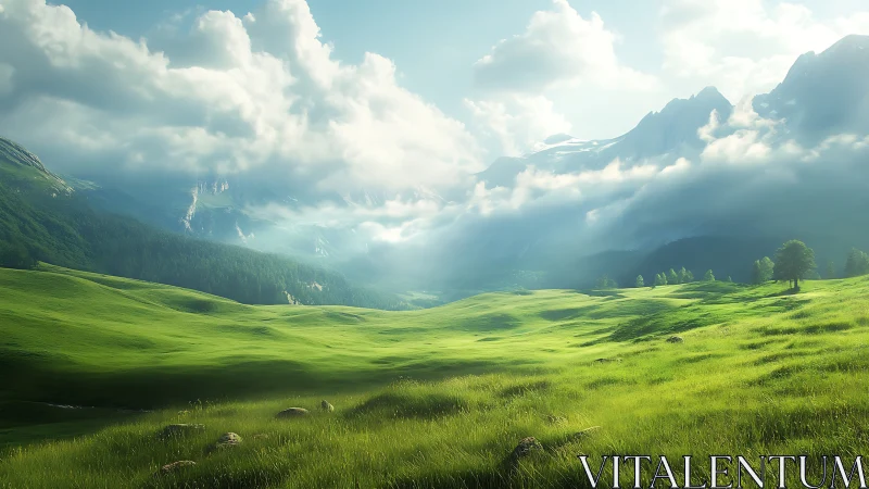 Emerald valley breathing under wandering mountain clouds.