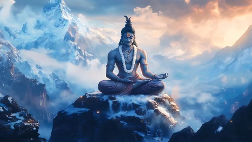 Divine blue deity meditating atop luminous Himalayan summit