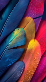 Vivid macro closeup of multicolored feathers with droplets.