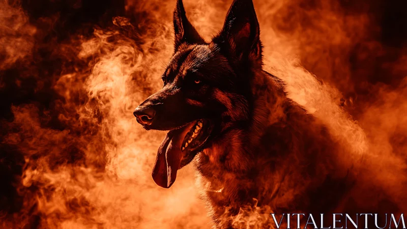German shepherd profile in dense red smoke clouds.
