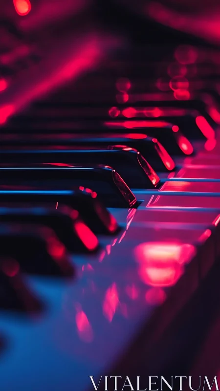 Neon piano keys glowing softly in moody evening light.