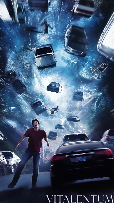 Man running beneath vortex of levitating cars at night.