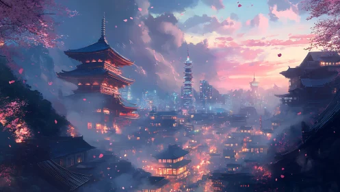 Dreamy twilight city where temples meet glowing towers.