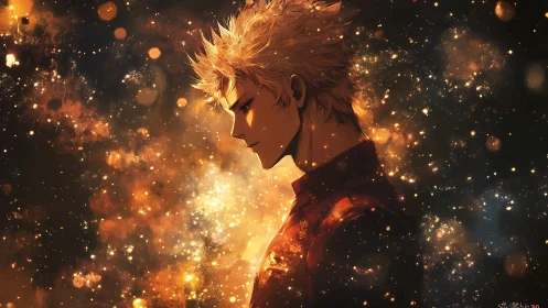 Solitary anime boy glows against swirling golden embers