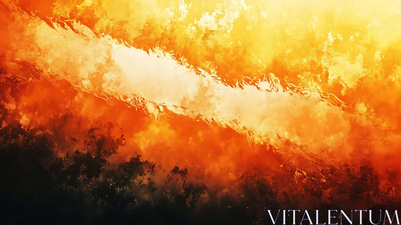 Wildfire landscape with white smoke plume bisecting orange flames.