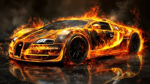 Hyperreal supercar engulfed in dynamic procedural fire effects