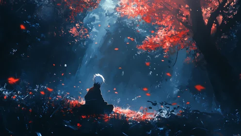 Solitary figure sits in blue forest under red tree canopy