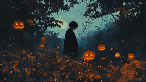 Silhouetted youth in misty forest clearing with glowing jack o lanterns