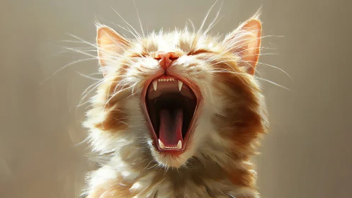 Orange and white cat yawning with mouth wide open and fangs visible