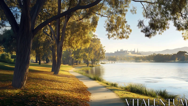 Sunlit lakeside path leads toward distant hillside castle