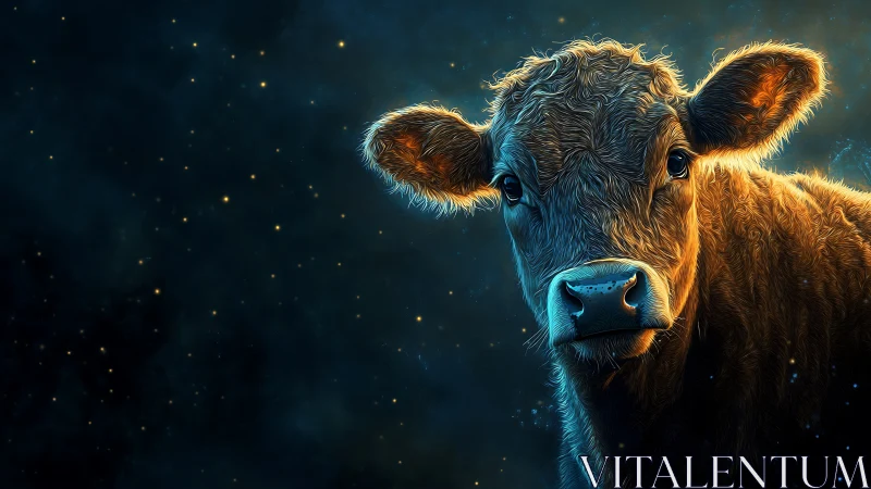 Digital cow portrait against dark starry background.