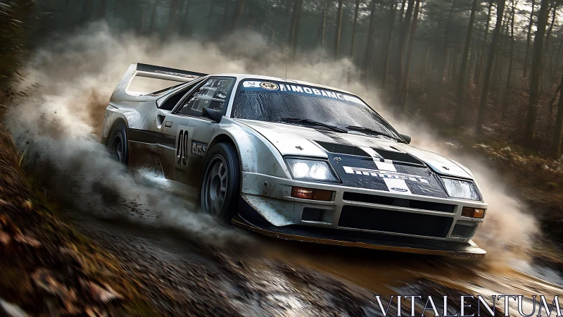 Group B rally car powersliding through wet forest gravel stage