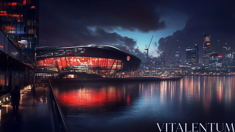 Nighttime waterfront stadium is illuminated beside urban skyline