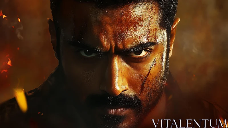 Intense warrior portrait in blazing cinematic close-up.