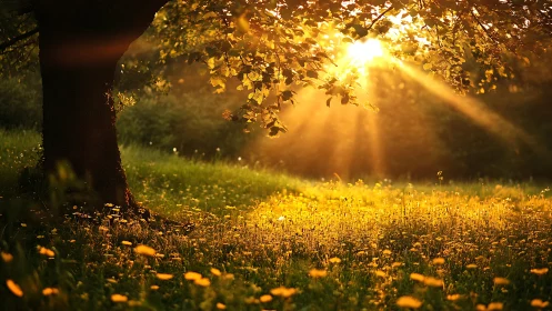 Golden sunset light pours through tree canopy over meadow