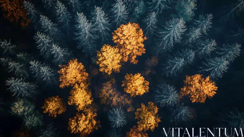 Autumn deciduous trees contrast with frosted conifer forest