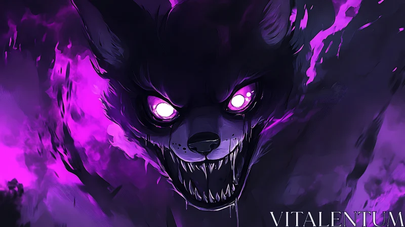 Demonic wolf portrait radiates neon violet spectral energy