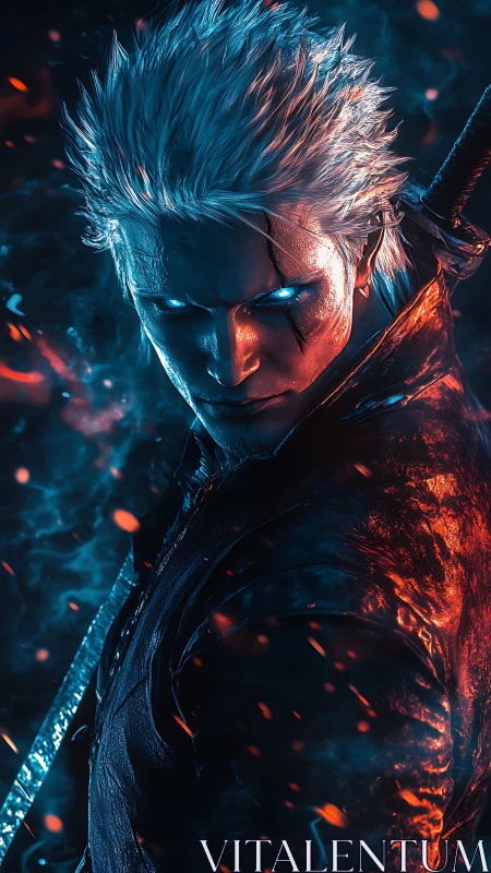 White haired warrior in blue and orange infernal glow.