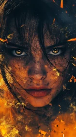 Fiery female portrait rendered in hyperreal digital detail