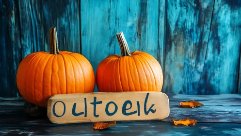 Two pumpkins with handwritten wooden sign on blue boards.