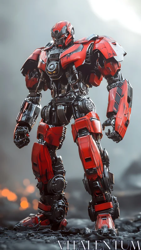 Scarlet war mech stands defiant in a smoke veiled battlefield.