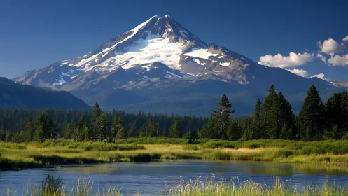 Peaceful snow-capped mountain watching over quiet wetlands.
