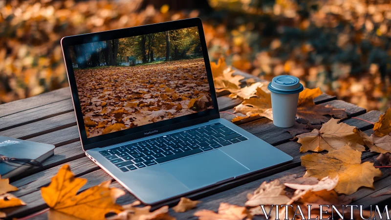 Laptop rests on wooden table amid vivid autumn leaves