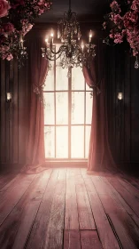 Wooden room interior shows chandelier, window and curtains
