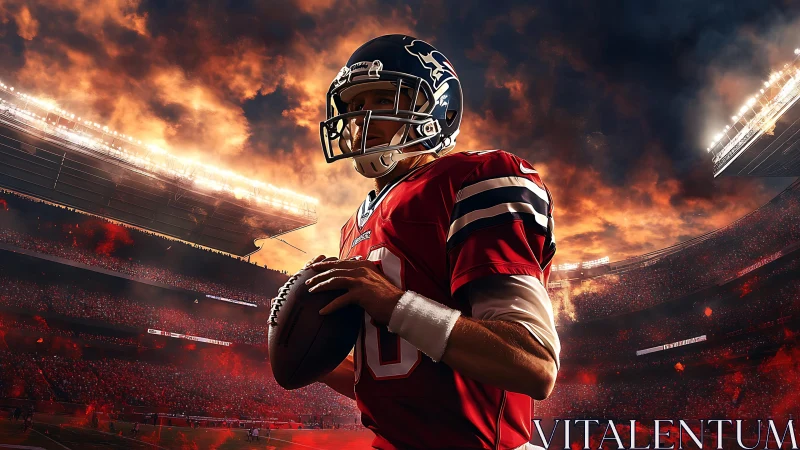 Quarterback stands ready under blazing stadium skies.