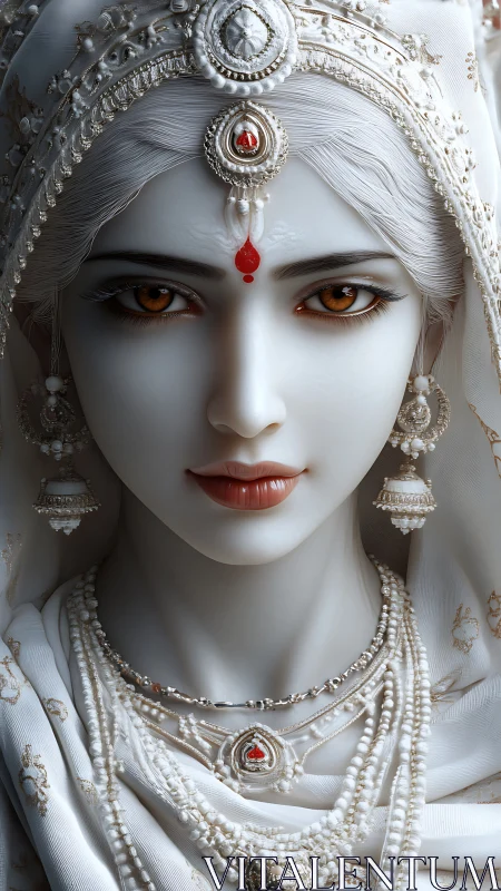 Photorealistic pearl-draped queen with jeweled bindi focus.