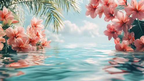 Tropical hibiscus canopy over reflective turquoise lagoon surface.