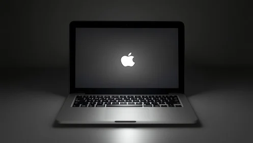 Midnight laptop altar glowing in a hush of polished chrome.