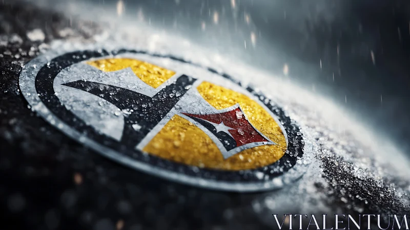 Metallic circular emblem lies on wet icy surface in rain
